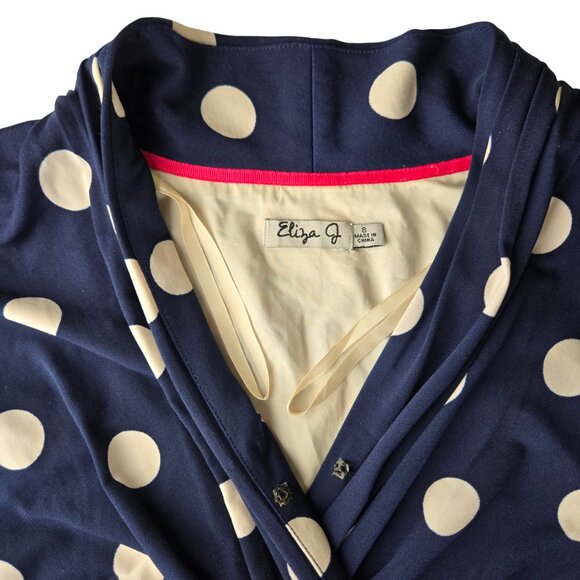 Eliza J Polka Dot Jersey Faux Wrap Dress Size 8 Fully Lined Belt Navy Blue Cream - Picture 7 of 11